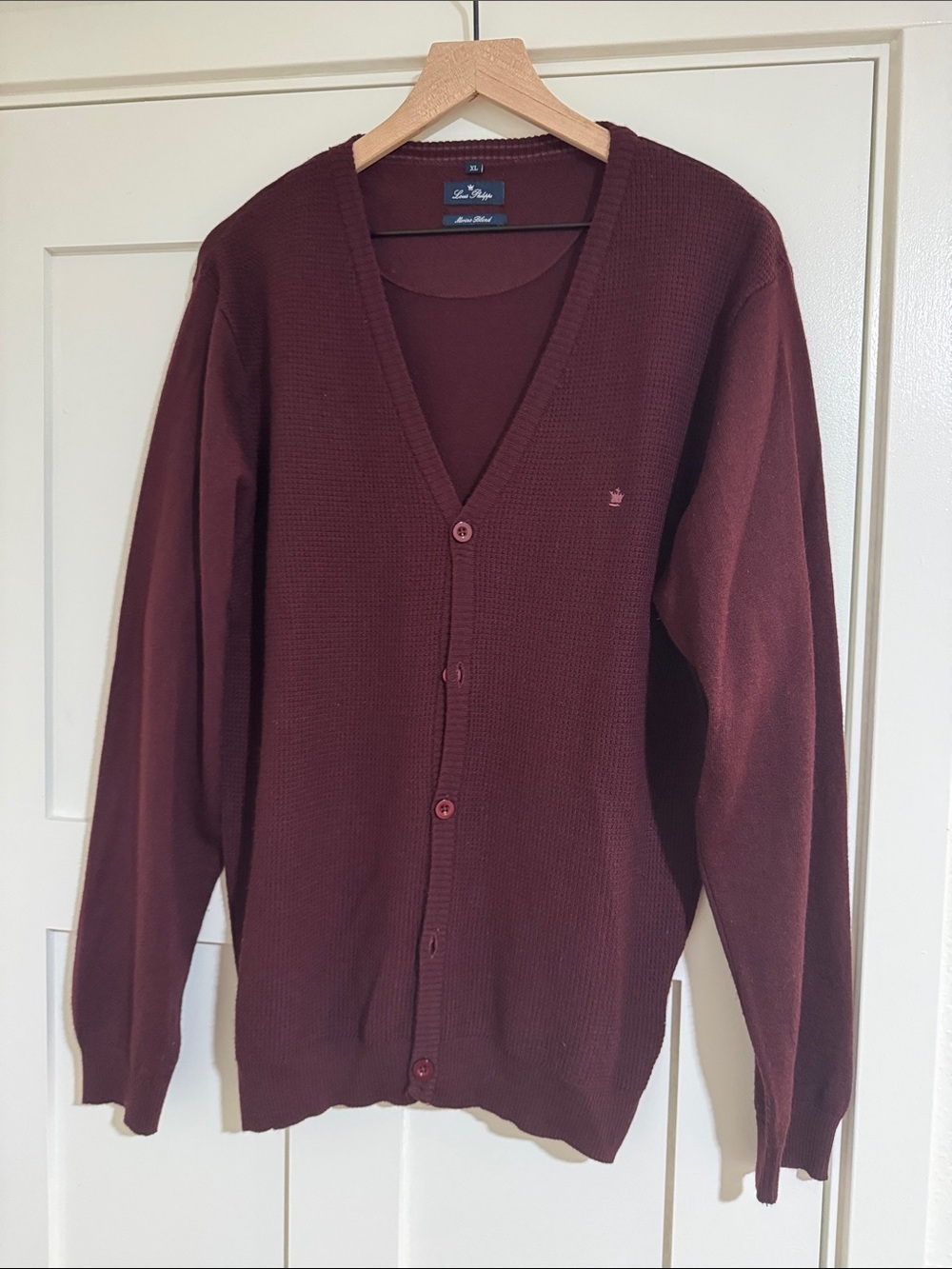 Louis Philippe Men’s Burgundy V-Neck Button Cardigan